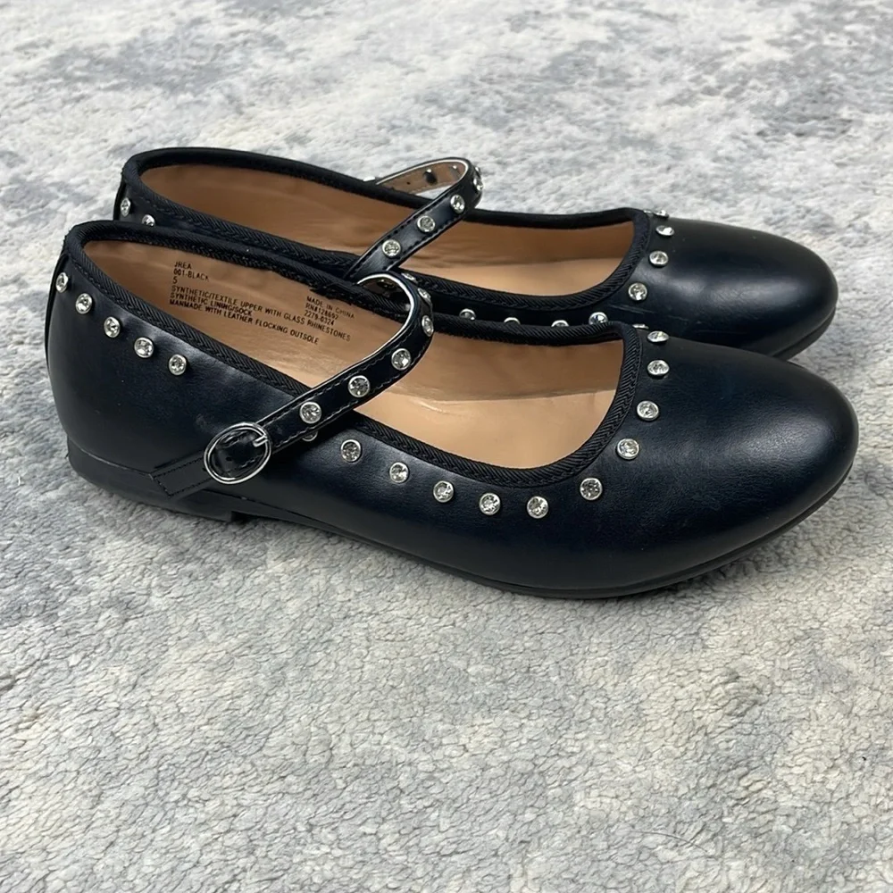 New Steve Madden JRea Crystal Embellished Mary Jane Ballet Flats Black Sz 5 Girl